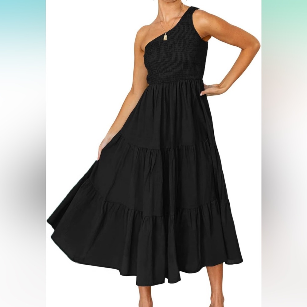 Black one-shoulder cocktail midi dress